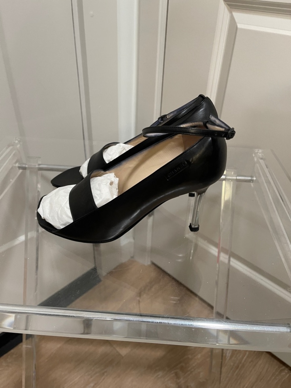 CHANEL Black Leather Square-Toe Ankle-Strap Sandals - Picture 3 of 9